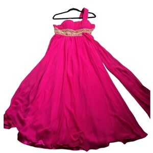 Aspeed bead one shoulder pleated maxi dress size 10 pink gold Barbiecore sheer